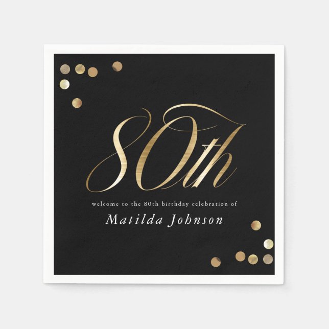 Serviette En Papier Elegant Black and Gold 80th Birthday Party (Devant)