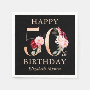 Serviette En Papier Elégant Black and Gold Floral Joyeux 50e anniversa