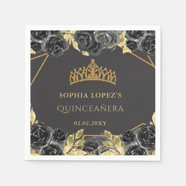 Serviette En Papier Elégant Black Gold Floral Tiara Quinceanera (Devant)