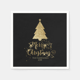 Serviette En Papier Élégant Black Gold Joyeux Noël étincelant