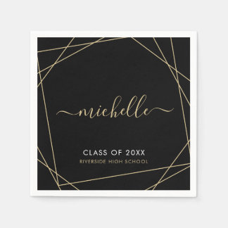 Serviette En Papier Élégant Black Gold Nom Script Graduation Napkins