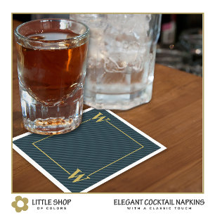 Serviette En Papier Élégant Black Gold Pinstripe Monogrammé