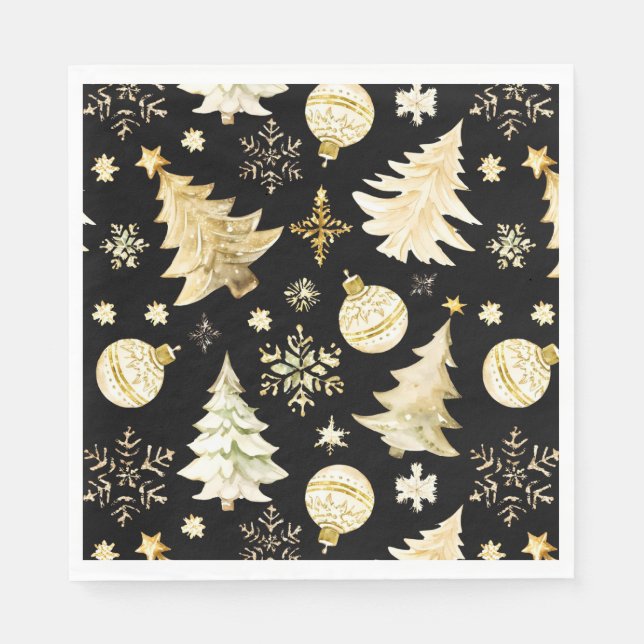 Serviette En Papier Élégant Black Gold Snowflakes Christmas Tree Balls (Devant)