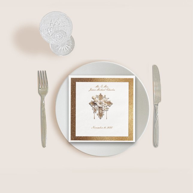 Serviette En Papier Elégant Blanc avec Gold Trim Mariage Dîner (Créateur téléchargé)