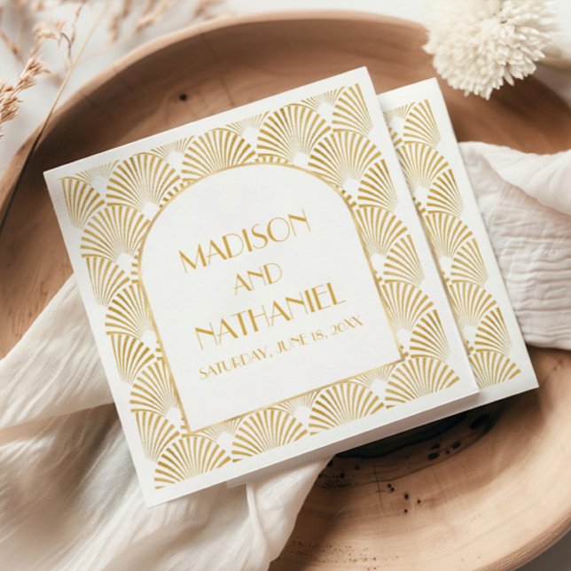 Serviette En Papier Elégant Blanc Or Géométrique Mariage Art Déco (Créateur téléchargé)