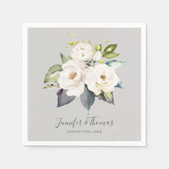 Serviette En Papier Elégant blanc Roses Aquarelle Mariage Floral (Devant)