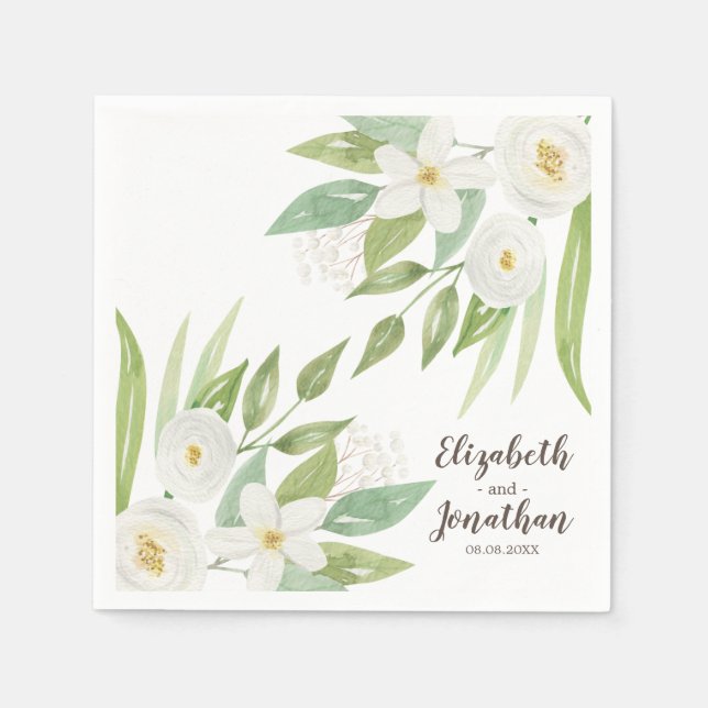 Serviette En Papier Elégant blanc & vert Aquarelle Mariage floral (Devant)