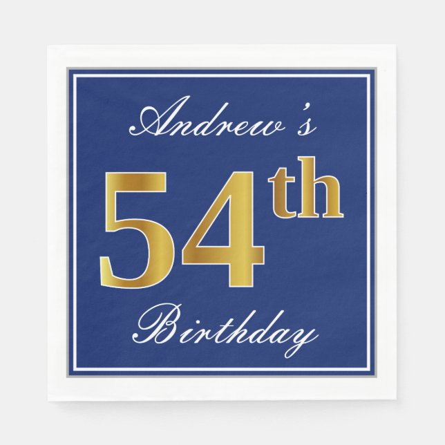 Serviette En Papier Elégant bleu, Faux Gold 54e anniversaire; Nom pers (Devant)