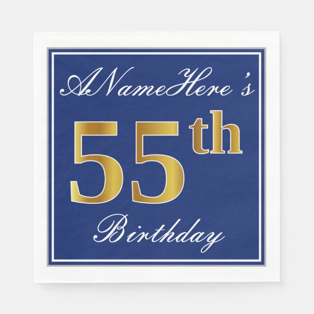Serviette En Papier Elégant bleu, Faux Gold 55e anniversaire; Nom pers (Devant)