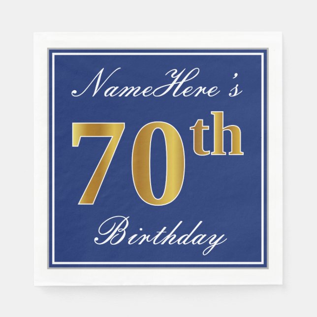 Serviette En Papier Elégant bleu, Faux Gold 70e anniversaire; Nom pers (Devant)