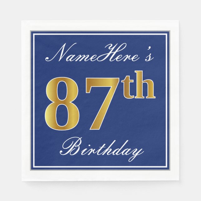 Serviette En Papier Elégant bleu, Faux Gold 87e anniversaire; Nom pers (Devant)