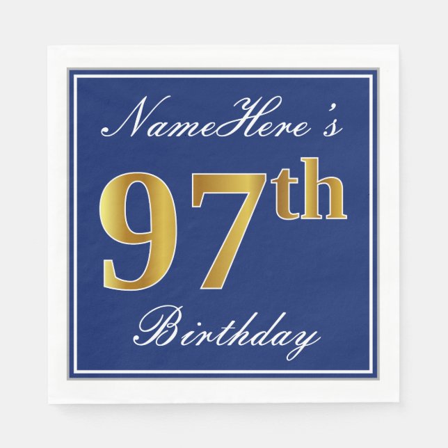 Serviette En Papier Elégant bleu, Faux Gold 97e anniversaire; Nom pers (Devant)