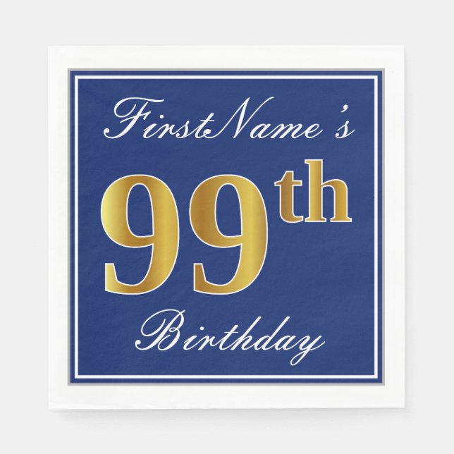 Serviette En Papier Elégant bleu, Faux Gold 99e anniversaire; Nom pers (Devant)