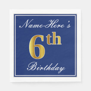 Serviette En Papier Elégant bleu, Faux or 6ème anniversaire + Nom pers