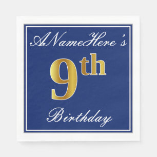 Serviette En Papier Elégant bleu, Faux or 9e anniversaire + Nom person