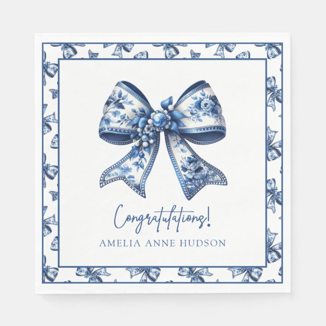 Serviette En Papier Élégant Bleu Floral Bow Graduation (Devant)