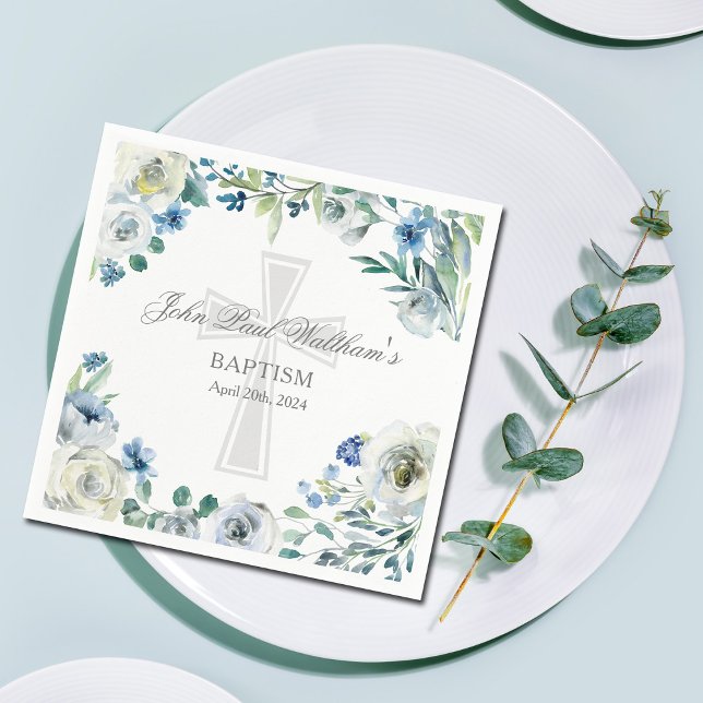 Serviette En Papier Élégant bleu floral croisé religieux Baptême (Créateur téléchargé)