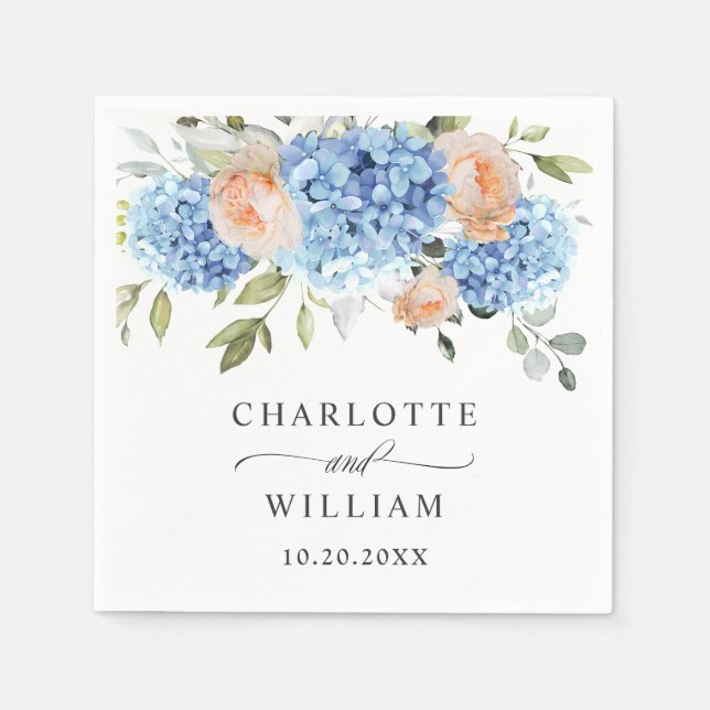 Serviette En Papier Élégant bleu Hydrangea rose Rose Mariage (Devant)