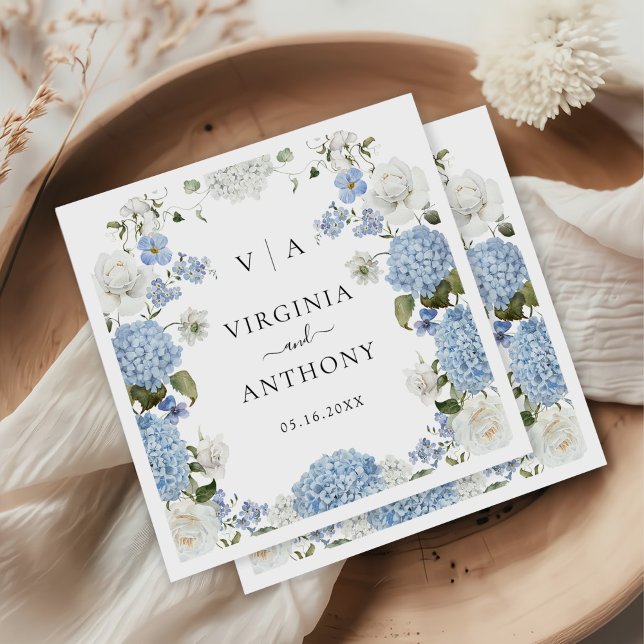 Serviette En Papier Elégant bleu Hydrangea Roses blanches Mariage flor (Créateur téléchargé)
