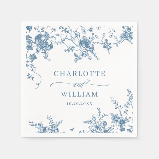 Serviette En Papier Elégant bleu Jardin Français Mariage Floral (Devant)