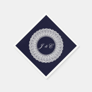 Serviette En Papier Élégant bleu marine et blanc dentelle de la servie