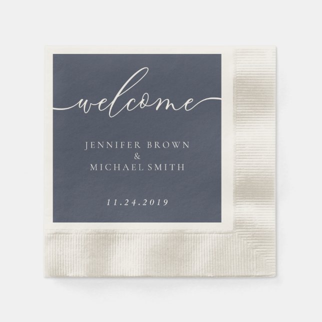 Serviette En Papier Élégant bleu marine Mariage de bienvenue Design mi (Devant)