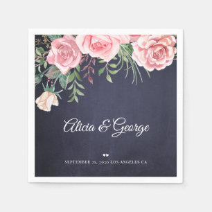 Serviette En Papier Elégant bleu marine rose aquarelle mariage