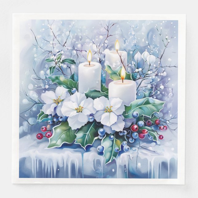 Serviette En Papier Elégant bleu Noël blanc Poinsettia bougies (Devant)