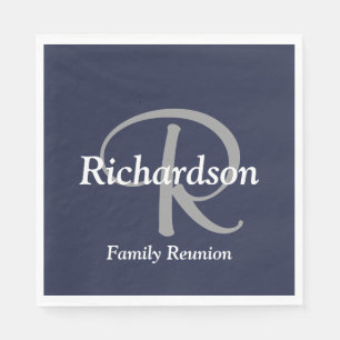 Serviette En Papier Élégant Bleu Nuit Blanc Gris Argent Monogrammé
