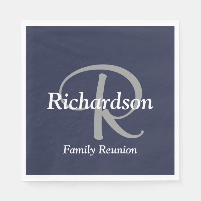 Serviette En Papier Élégant Bleu Nuit Blanc Gris Argent Monogrammé (Devant)