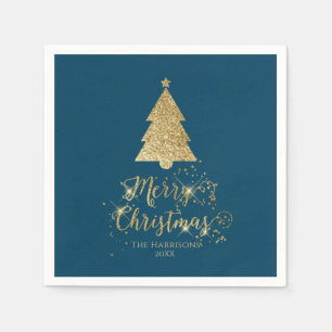 Serviette En Papier Élégant Bleu Or Joyeux Noël Étincelle