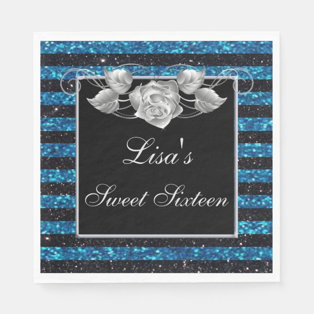 Serviette En Papier Elégant Bleu Parties scintillant Noir Argent Rose  (Devant)