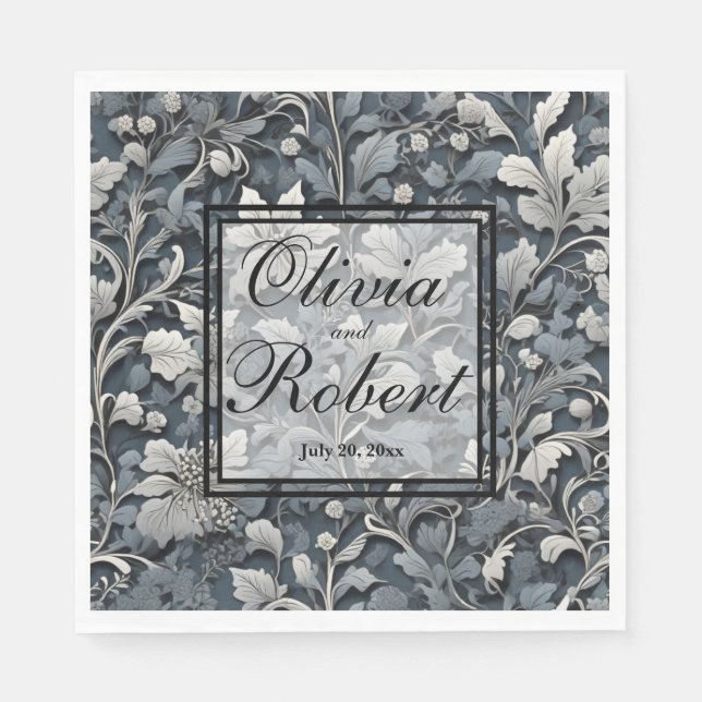 Serviette En Papier Elégant bleu poussiéreux argent blanc gris gris fl (Devant)