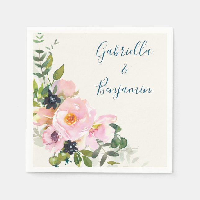 Serviette En Papier Elégant bleu rose Floral Aquarelle Mariage moderne (Devant)