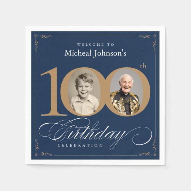 Serviette En Papier Elegant Blue and Gold Custom Photo 100th Birthday  (Devant)