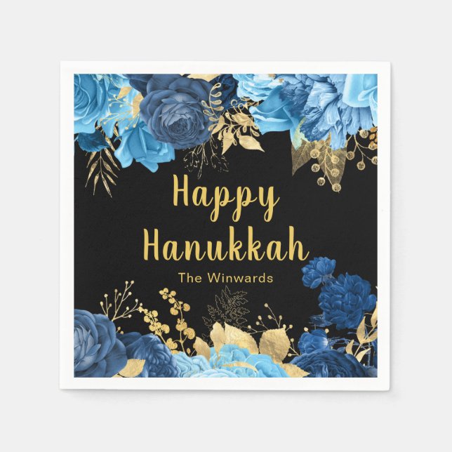Serviette En Papier Elegant Blue and Gold Flowers Hanukkah Party (Devant)