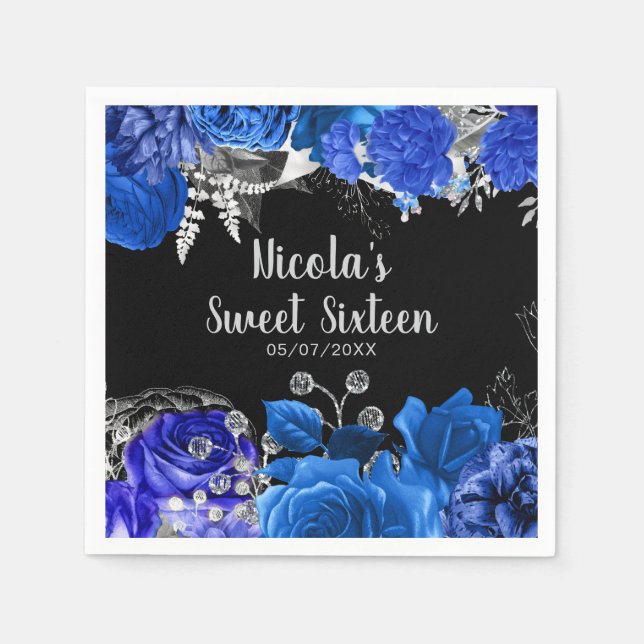 Serviette En Papier Elegant Blue and Silver Flowers Sweet Sixteen (Devant)
