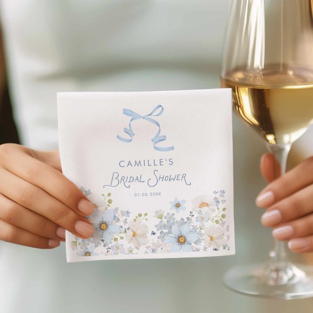 Serviette En Papier Elegant Blue Bow and Floral Bridal Shower (Blue Floral and Bow Bridal Shower Paper Napkin)
