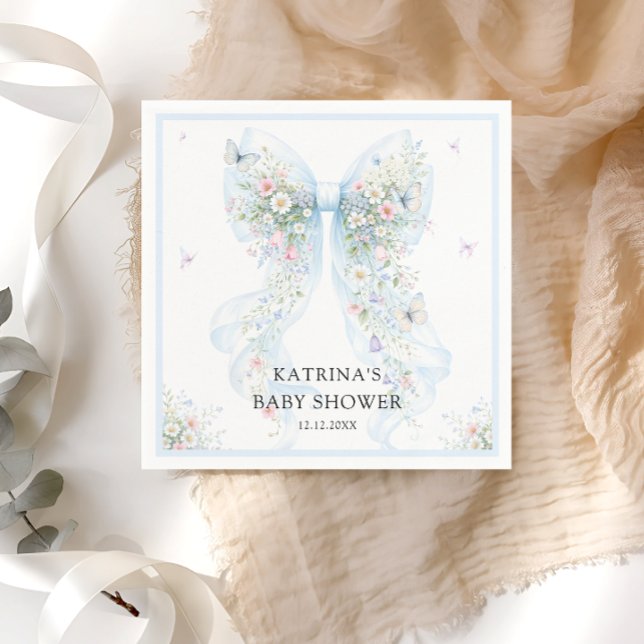 Serviette En Papier Elegant Blue Bow Wildflower Baby Shower (Créateur téléchargé)