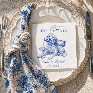 Serviette En Papier Elegant Blue Chinoiserie Golden Doodle Wedding