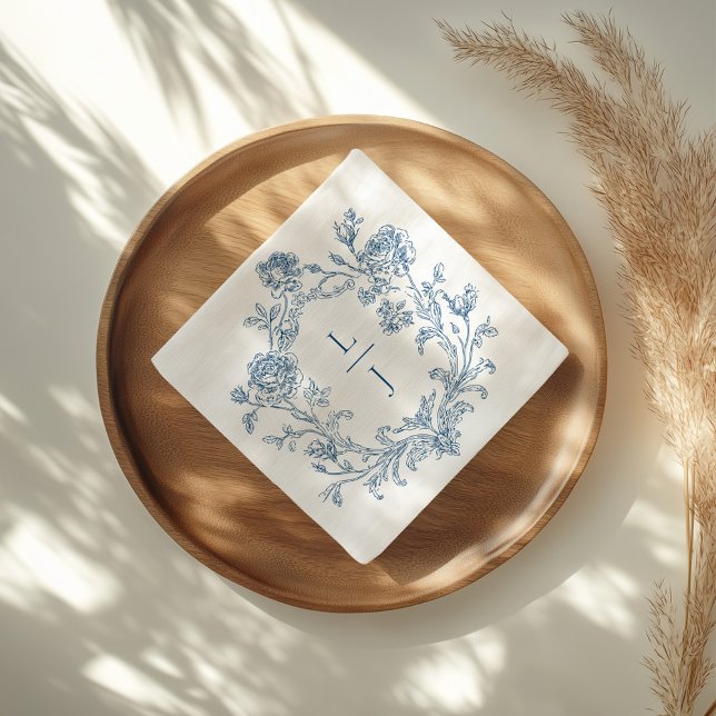 Serviette En Papier Elegant Blue Floral Crest Monogram Wedding (Créateur téléchargé)