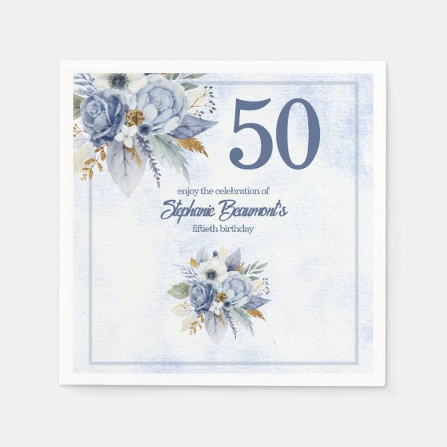 Serviette En Papier Elegant Blue Florals Women's 50th Birthday Party (Devant)
