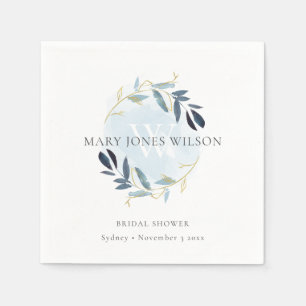 SERVIETTE EN PAPIER ÉLÉGANT BLUE GOLD FOLIAGE WREATTE FÊTE DES MARIÉES