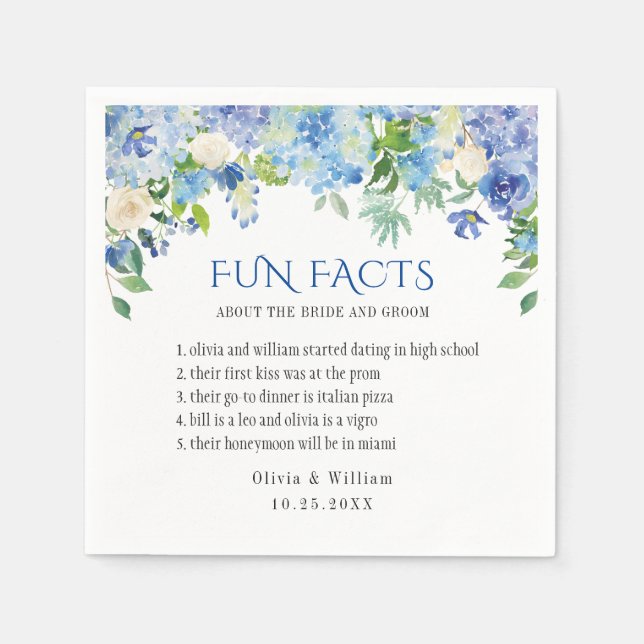 Serviette En Papier Élégant Blue Hydrangea Fun Facts Mariage (Devant)