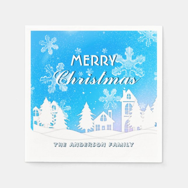 Serviette En Papier Élégant Blue Maison Blanche Snowflakes Joyeux Noël (Devant)