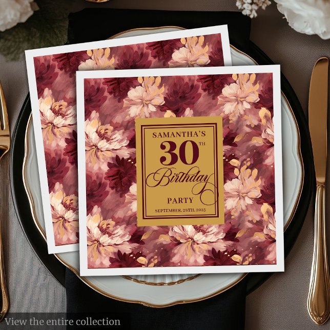 Serviette En Papier Elégant Blush Bourgogne Gold 30e fête d'anniversai (Elegant Blush Burgundy Gold 30th Birthday Party Napkins)