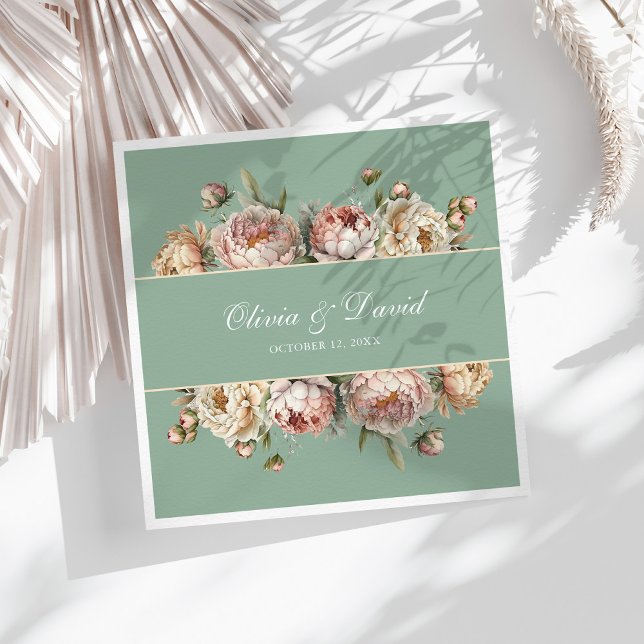 Serviette En Papier Elégant Blush Dusty Rose Peonies Pastel Sage (Elegant Blush Dusty Rose Peonies Pastel Sage Paper Dinner Napkins on a sunny boho white table.)