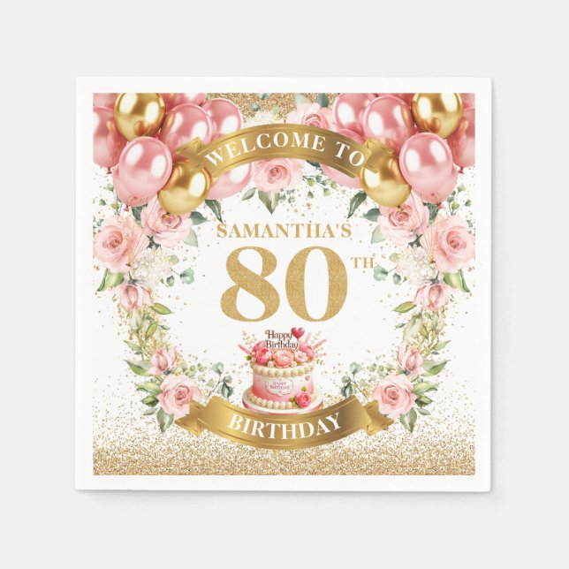 Serviette En Papier Élégant Blush Floral 80e Anniversaire de fête Napk (Devant)