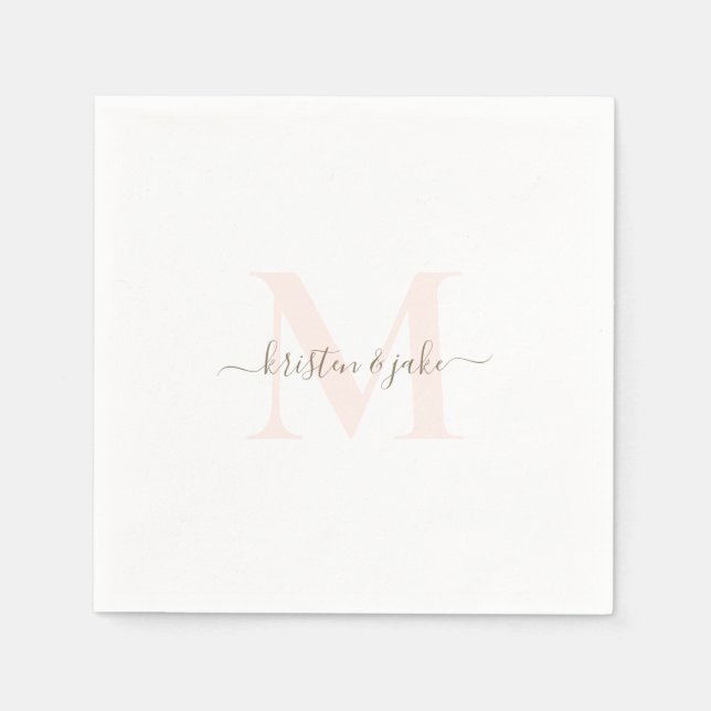 Serviette En Papier Élégant Blush & Gold Monogram Mariage Swash (Devant)