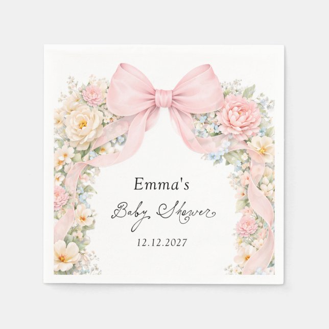 Serviette En Papier Elegant Blush Pink Bow Floral Baby Shower (Devant)
